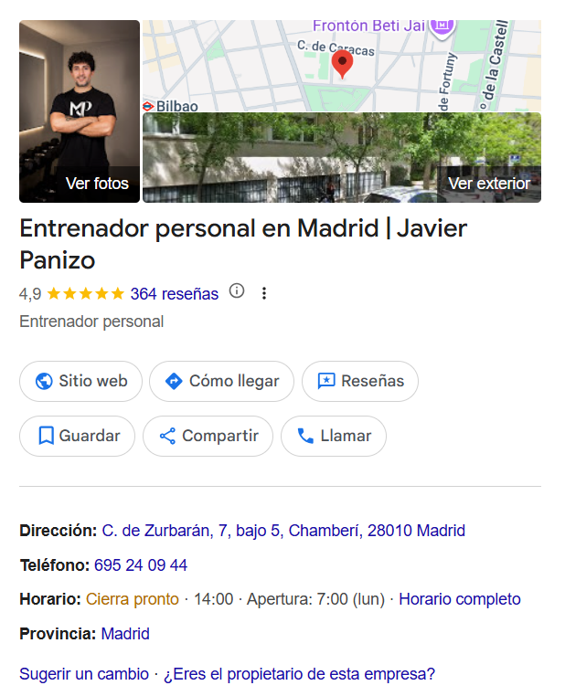 Ficha de Google de Entrenamiento personal en Madrid bien posicionado
