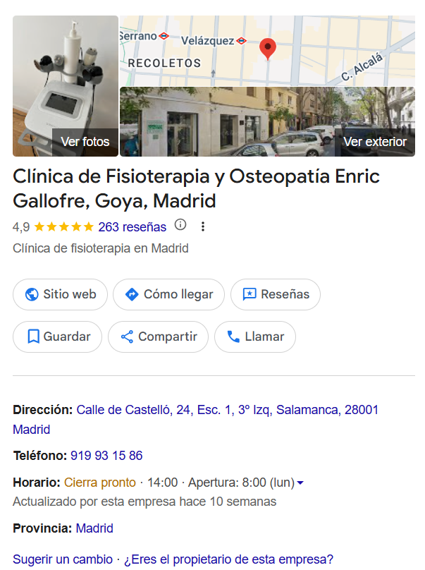 Ficha de Google de Fisioterapia en Valencia bien posicionado